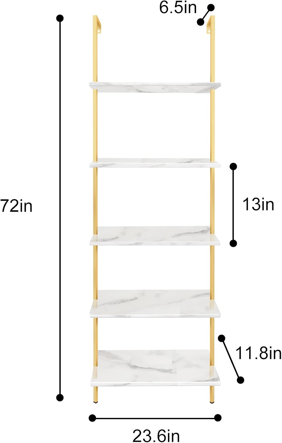 aboxoo Ladder Shelf White Marble Bookshelf 5-Tier Wall-Mounted Wood Rack Indu...