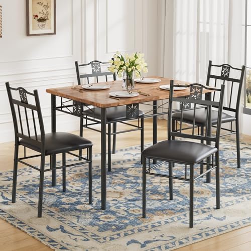 VECELO Dining Table Set for 4, 5-Piece Wood Kitchen Table with Upholstered Pa...