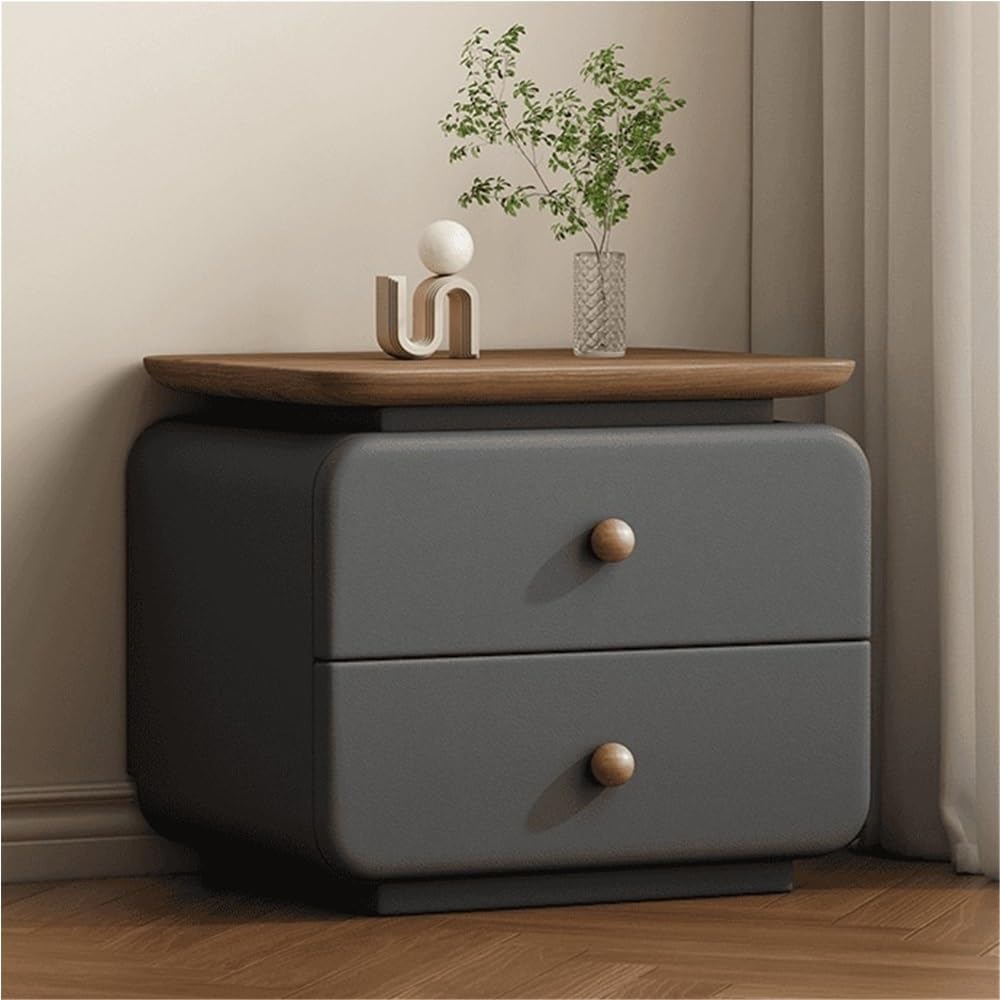 Leather Bedside Table with 2 Drawers, Vintage Wood Nightstand for Bedroom and...