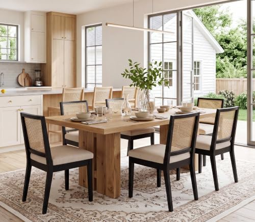 BESTANO Farmhouse Rattan Black Wood Dining Chairs Set of 4 with Cane Back
