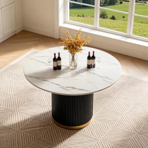 SSLine 41.3 in Round Sintered Stone Dining Table for 4 Fluted Pedestal Base |...