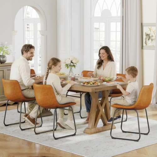 Dining Chairs Set of 6, 18in PU Leather Kitchen Chair with Metal Leg, Brown