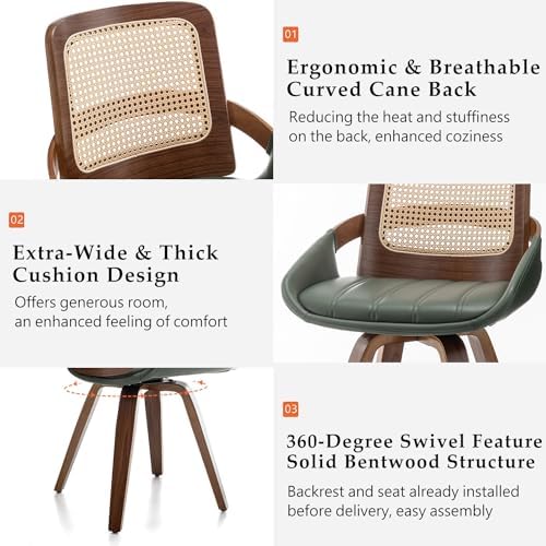 Set of 4 Green Rattan Dining Chairs - Mid Century Modern Dining Chairs with W...