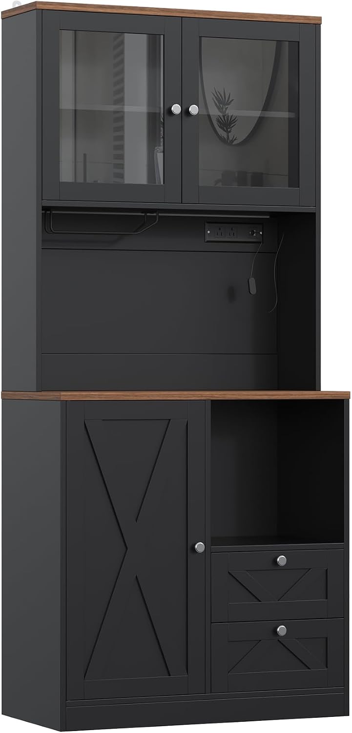 71" Tall Coffee Bar Cabinet with Storage Hutch, Farmhouse Kitchen Pantry...