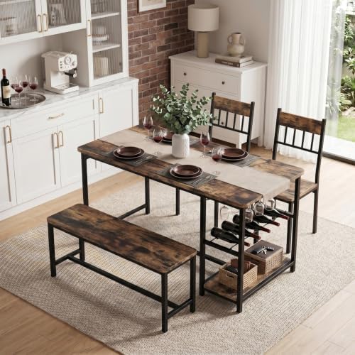 55-Inch Dining Table Set for 4 with Bench, Wine Rack, Rustic Brown | 4-Piece ...