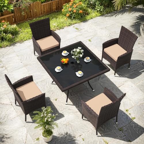 Gotland 5 Piece Outdoor Dining Set, All-Weather Rattan Patio Furniture Set wi...
