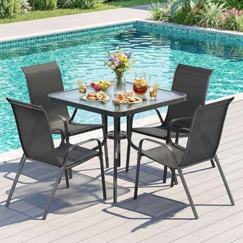 TLSUNNY 5 Pieces Patio Dining Set for 4, Glass Table and Textilene Chair