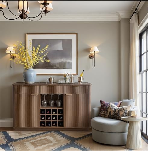 win2win 59" Fluted Sideboard, Wine Bar Cabinet with Faux Marble Top, Walnut