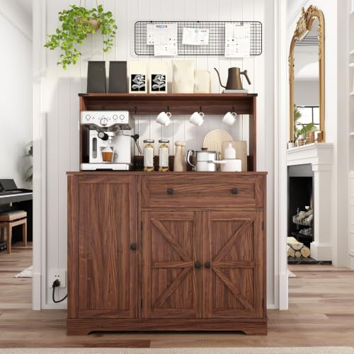 Wnutrees Farmhouse Coffee Bar Cabinet with Drawer, Kitchen Hutch Sideboard