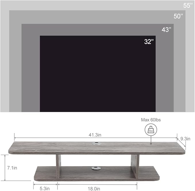 GHC Floating TV Stand, Wall Mounted Entertainment Center and Cabinet Shelf, TV Console with Storage, Media Console for DVD Player, Space-Saving Under TV Shelf for Bedroom, Living Room (Grey)