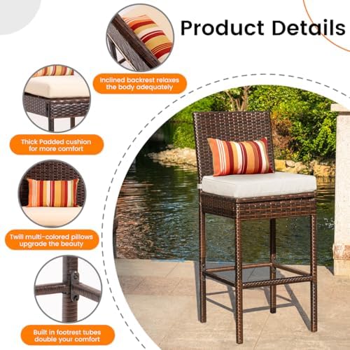 Sundale Outdoor Wicker Bar Stool Set of 2, 29 Inch Seat Height Patio Stool
