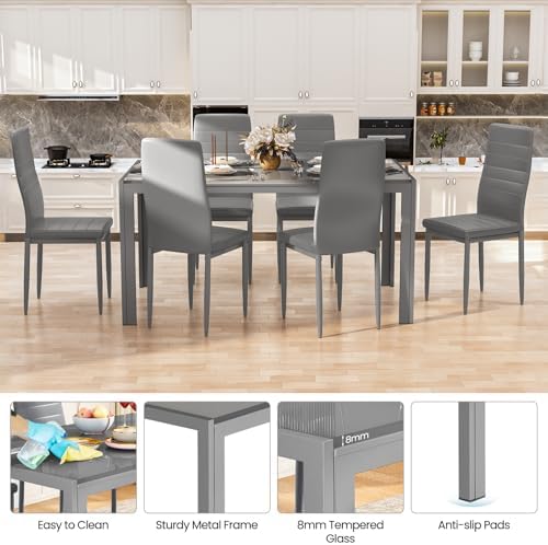 Recaceik 7 Piece Dining Table Set for 6, Tempered Glass Kitchen Table and PU ...