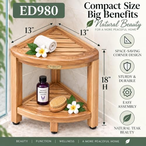 EcoDecors Corner Shower Stool with Shelf, Solid Teak Shower Bench