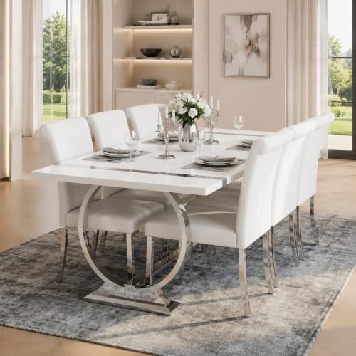Asday White Leather Dining Chairs Set of 4, White and Silver Dining Room Chai...