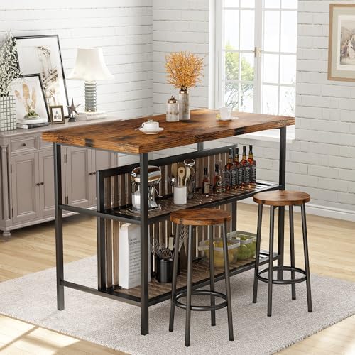 Kitchen Island with Seating & Storage, Bar Table and Chair Set Rustic Brown