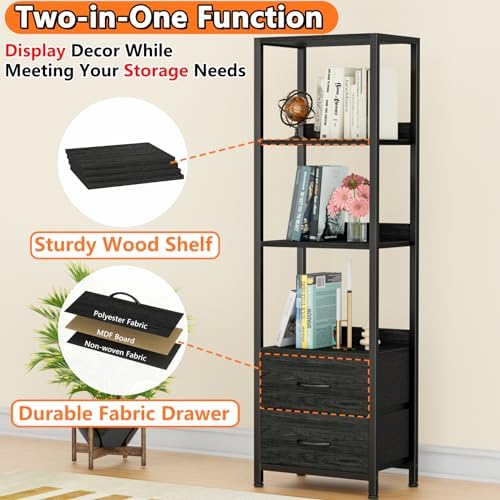 Furnulem 4 Tier Corner Shelf,Black Narrow Bookshelf with 2 Storage Drawers