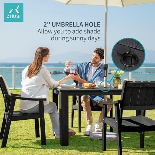 ZHUSI Patio Table, HIPS Outdoor Dining Table with Umbrella Hole, Black
