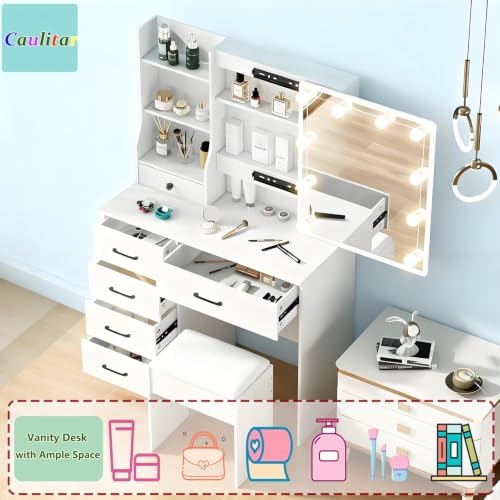 Vanity Desk with Mirror and Lights, 6 Drawers 6 Shelves 1 Stool & Sildeab...
