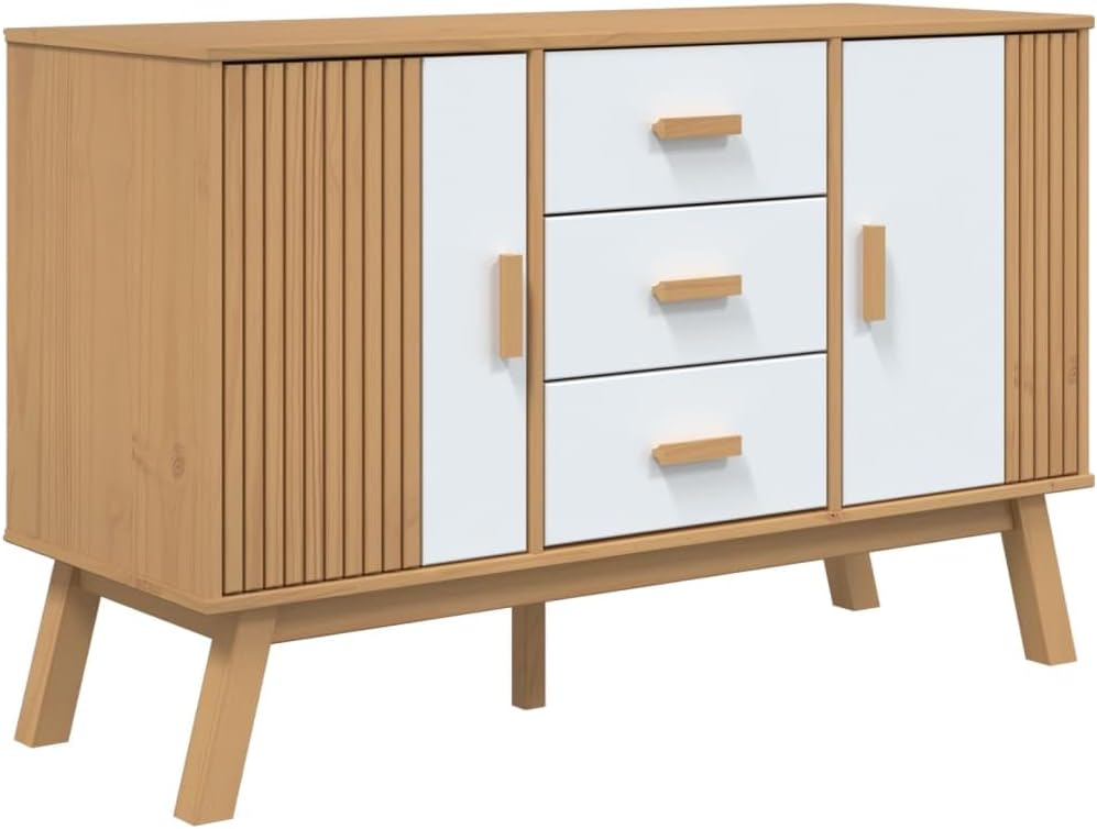 White and Brown Solid Pine Wood Sideboard with Multiple Drawers and Doors for...