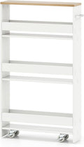 Small Kitchen Cart, 4-Tier Slim Rolling Island w/Handle, Laundry Room Storage Organizers Between Washer and Dryer, Narrow Spice Rack on Wheels Next to Fridge (White & Natural, 5'')