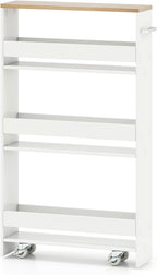 Small Kitchen Cart, 4-Tier Slim Rolling Island w/Handle, Laundry Room Storage Organizers Between Washer and Dryer, Narrow Spice Rack on Wheels Next to Fridge (White & Natural, 5'')