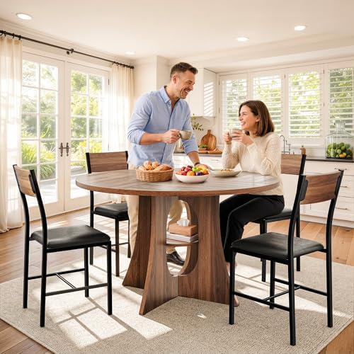 Pamapic Dining Table Set for 6, 47" Round Dining Table with Chairs, Cros...