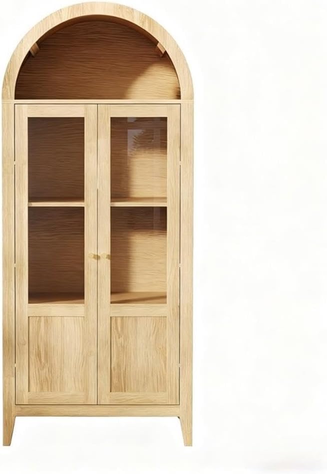 Light Brown Tall Arched Cabinet with Glass Doors Storage Cabinet Engineered W...