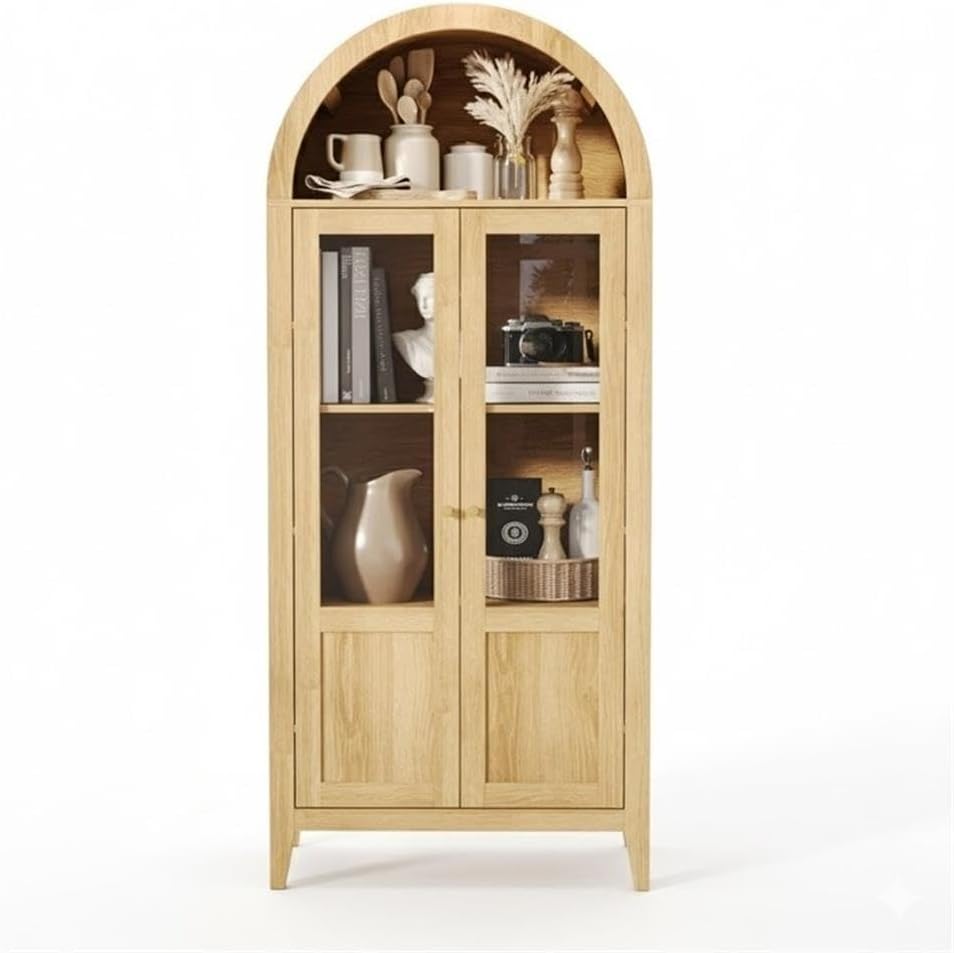 Light Brown Tall Arched Cabinet with Glass Doors Storage Cabinet Engineered W...