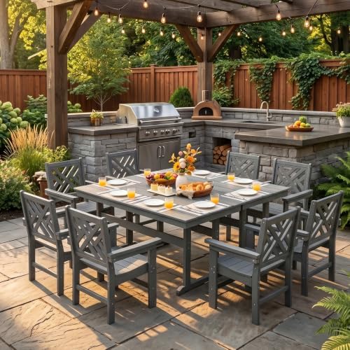HDPE Outdoor Dining Set,10-Piece Outdoor Table and Chairs Include 8 Dining Ch...