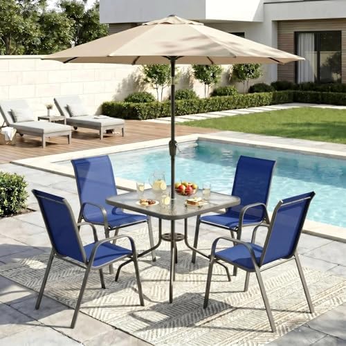 Arlopu 5 Pieces Outdoor Patio Dining Set, Glass Table and Textilene Chair