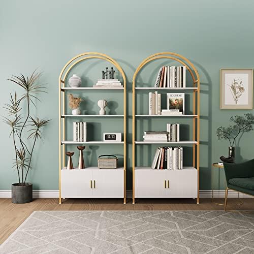 Jehiatek Gold Bookshelf, Arched Bookcase with Doors Storage, 71" Tall In...
