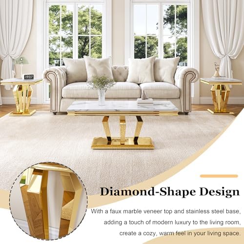 Living Room Coffee Table Set of 3, Modern Marble Coffee Table and 2 End Side ...