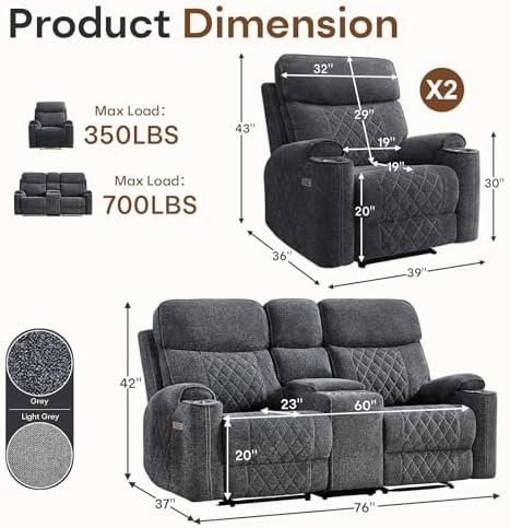 HAOMARKETS 3-Piece Recliner Sofa Set with Charging Ports, Include 2 Power Rec...