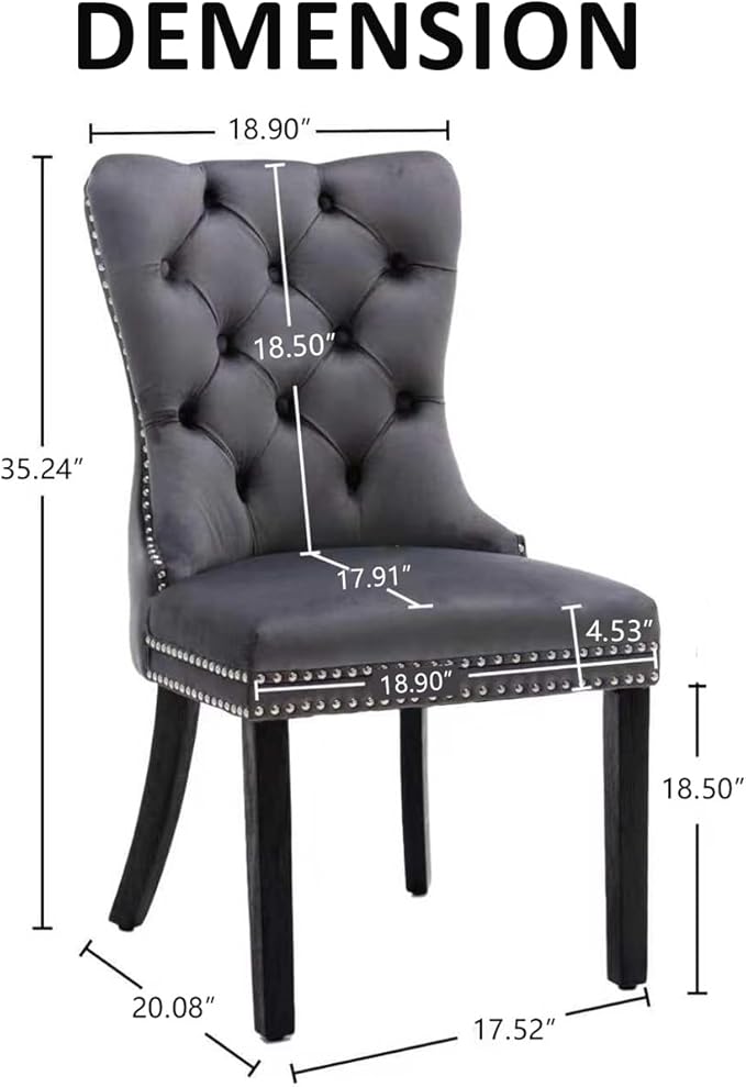 KCC Velvet Dining Chairs Set of 6, Upholstered High-end Tufted Dining Room Chair with Nailhead Back Ring Pull Trim Solid Wood Legs, Nikki Collection Modern Style for Kitchen, Grey