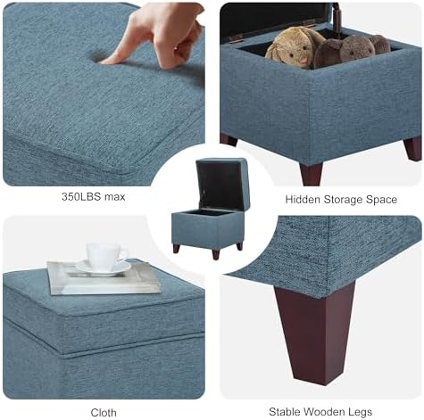 Adeco 17" Square Ottoman with Storage, Small Blue Storage Ottoman Foot R...
