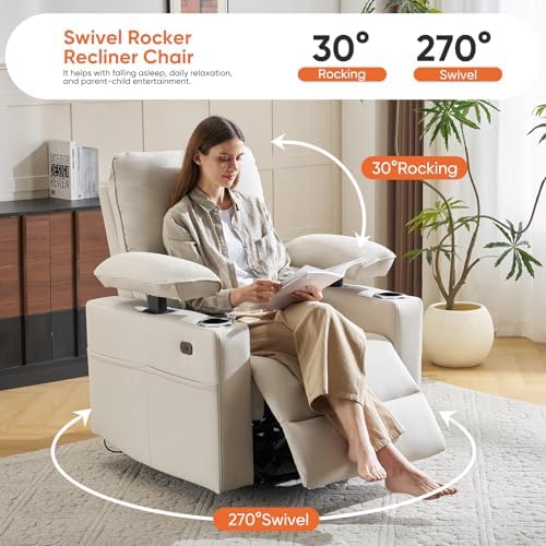 270° Swivel Rocker Recliner with Adjustable Armrests,Oversized Power Nursery Recliner with USB Port,Rocking Chair Nursery with One-Touch Reset,Double Cup Holder,Faux Leather,Beige