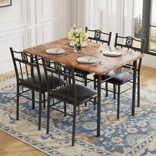 VECELO Dining Table Set for 4, 5-Piece Wood Kitchen Table with Upholstered Pa...