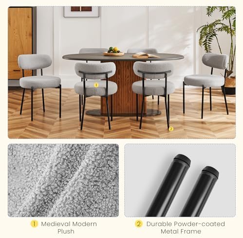 DUMOS Dining Chairs Set of 4, Mid Century Modern Chair Round Upholstered Curved Backrest, Kitchen Vanity Living Room Chairs with Black Metal Legs，Classic Grey