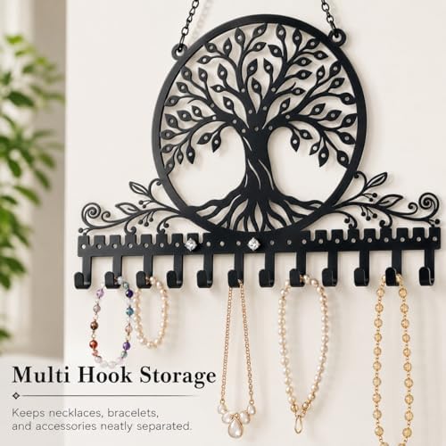 Personalized Tree of Life Wall Mounted Jewelry Organizer Metal Earring Holder Necklace Display Rack Decorative Jewelry Storage Hanger Space Saving Wall Decor for Bedroom Vanity Room Gift for Women