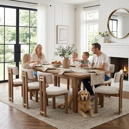 HNY Modern Linen Dining Chairs Set of 6 with Curved Back Support, Beige
