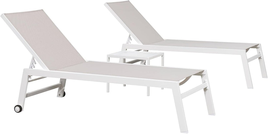 PURPLE LEAF Oversized Chaise Lounge Chair Set of 2 with Wheels, Linen | White finish reflects sun heat, Light & tough aluminum frame, Fast-dry fabric less moisture buildup, 5-height adjust, Tight