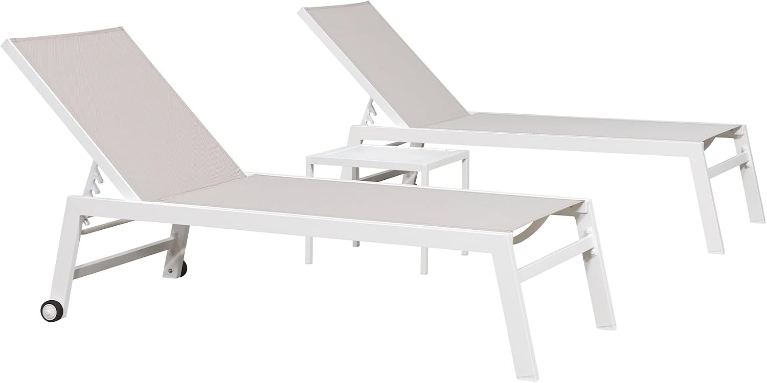 PURPLE LEAF Oversized Chaise Lounge Chair Set of 2 with Wheels, Linen | White finish reflects sun heat, Light & tough aluminum frame, Fast-dry fabric less moisture buildup, 5-height adjust, Tight