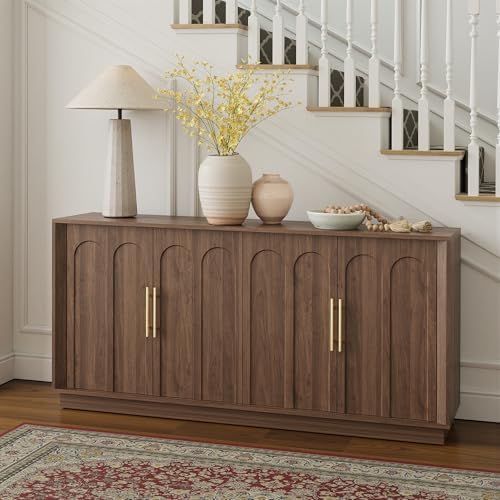 FORTUNETEC 67" Sideboard Buffet Cabinet with Storage, Arched Doors, Walnut