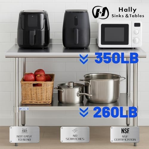 Hally Stainless Steel Table for Prep & Work 18" x 30" with Backsplash NSF | Commercial Metal Heavy Duty Workbench, Adjustment Undershelf, for Kitchen, Restaurant, Home, Hotel, Garage, Pizza Oven