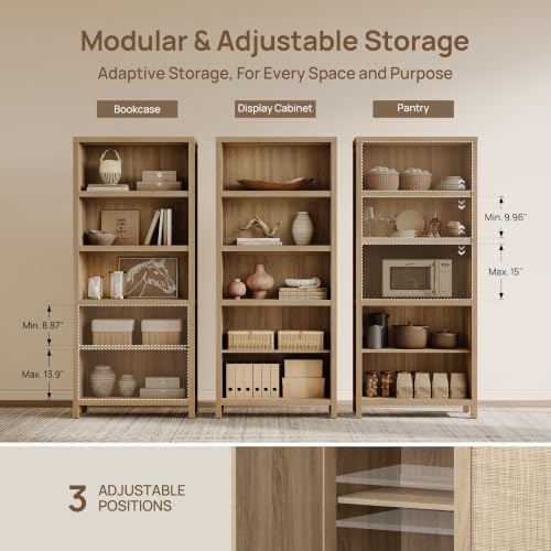 SICOTAS 71" Tall Bookcase 5 Tier Rattan Bookshelf with Doors for Library