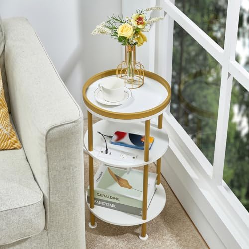 Small Round End Table with Charging Station, 3-Tier Accent Couch Beside Table...