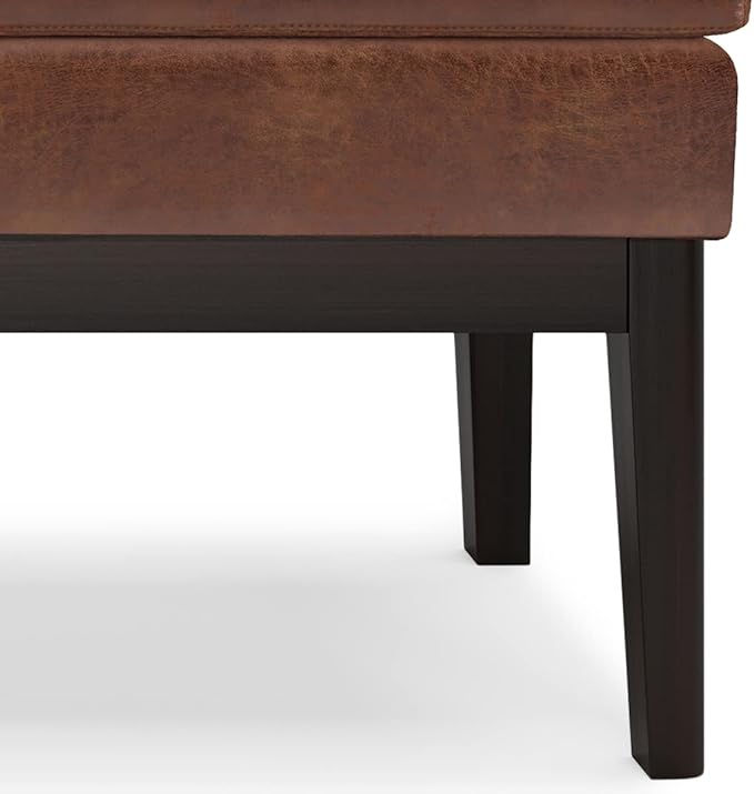 SIMPLIHOME Carlson Ottoman Bench in Distressed Saddle Solid Hardwood Frame with Vegan Faux Leather Upholstery, Vintage-Inspired Seating for Living Room, 44.5" Wide, Brown