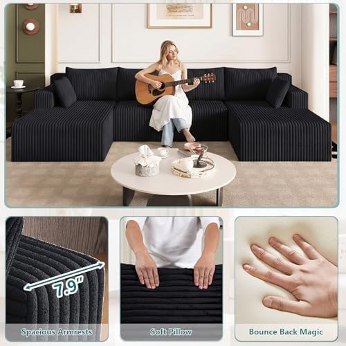 124" U-Shape Cloud Couch, Modern Modular Sectional U-Shape Sofa, Corduro...