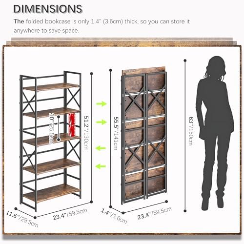 4NM 5 Tiers No Assembly Book Shelves, 51.2" H Folding Bookshelf Bookcase...