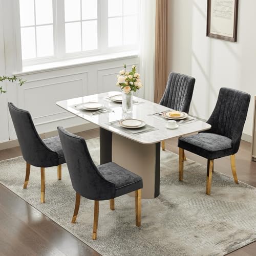 Shenyon Black Chenille Upholstered Dining Chairs Set of 4, Gold Metal Legs | ...